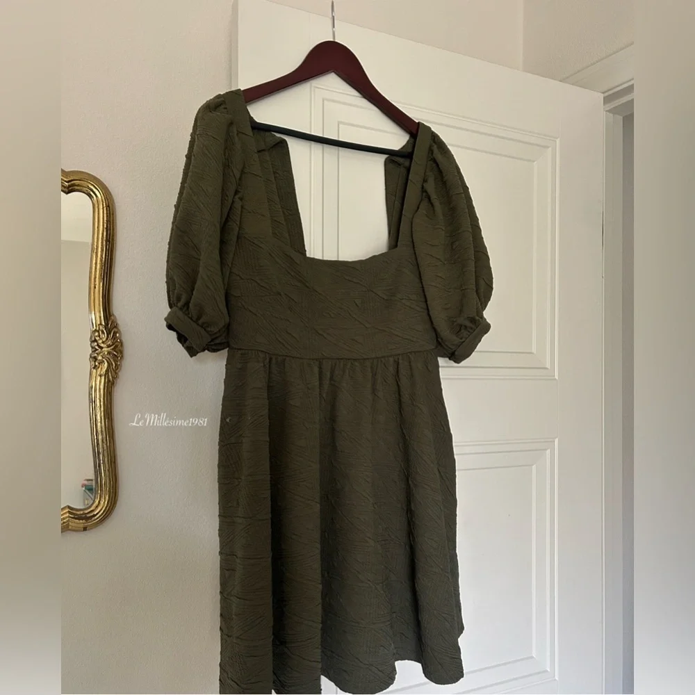 Free People Violet Mini Dress in Green Puff Sleeve Square Neck Size Medium M - Picture 2 of 7